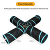 Black foldable S-shaped cat tunnel with four channels and hanging ball toys