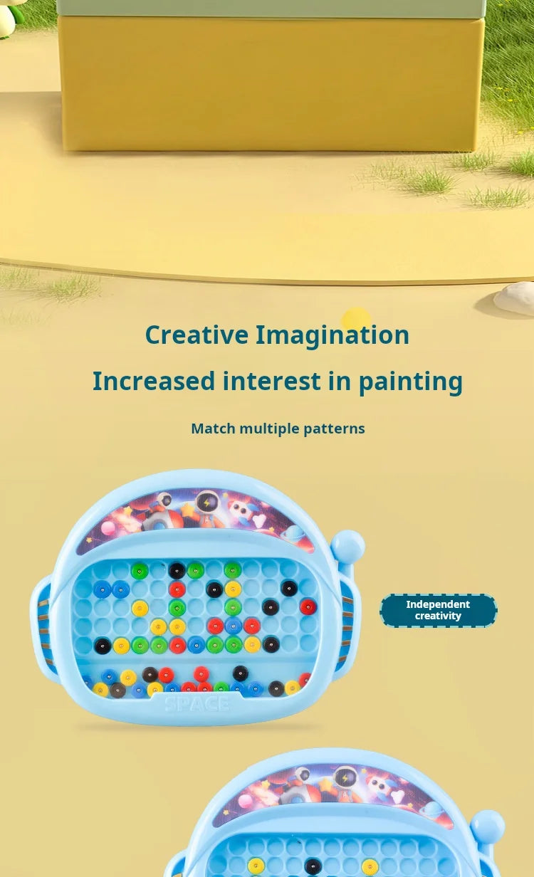 A blue magnetic doodle board for kids filled with colorful beads and a pen, promoting creative imagination.