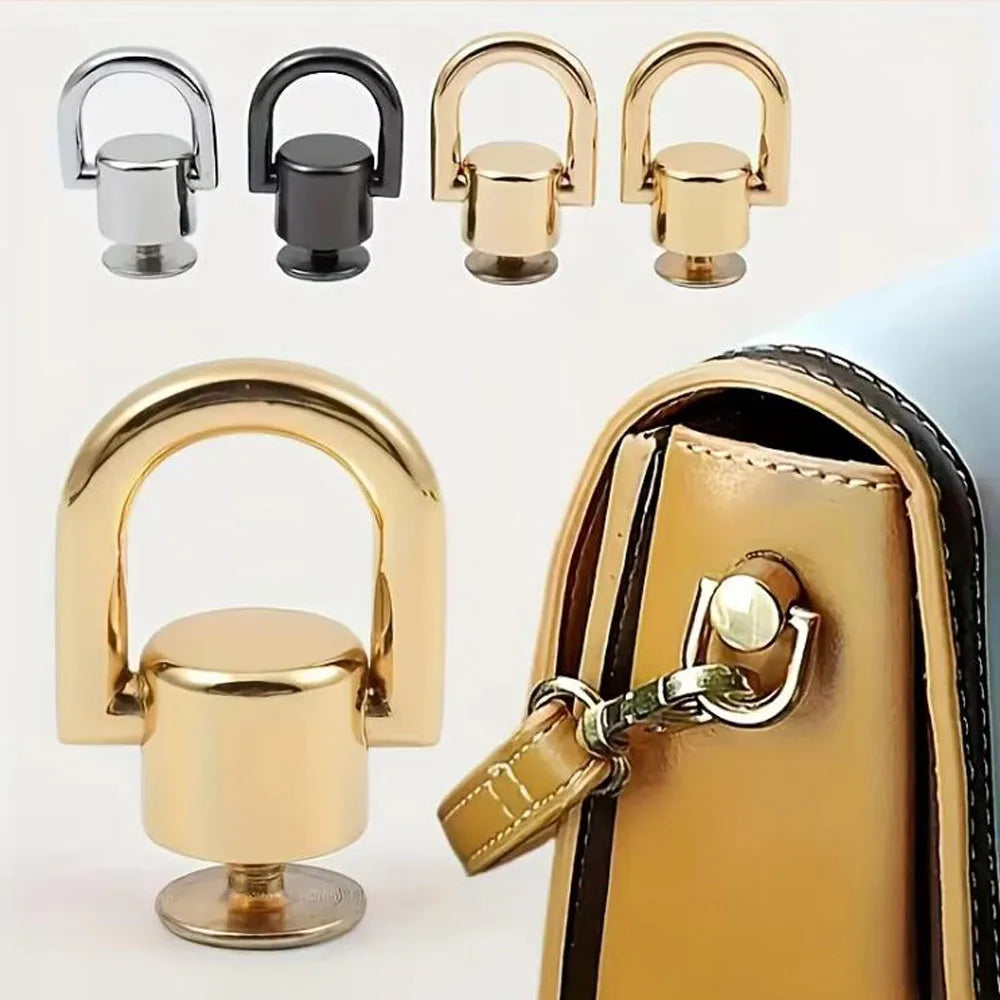 A set of D-shaped metal bag handles in silver, black, and gold finishes shown with screws.