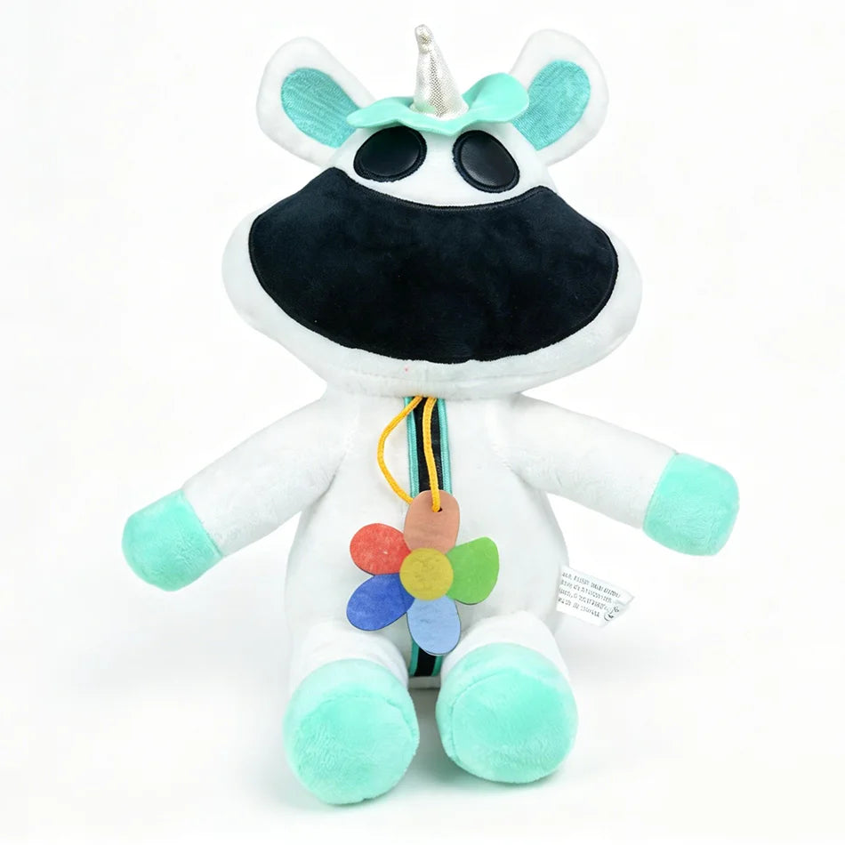 A white plush doll of CatNap with black features and light green accents.