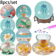 Set of eight decorative diamond painting coasters with metal holders in various colors and designs
