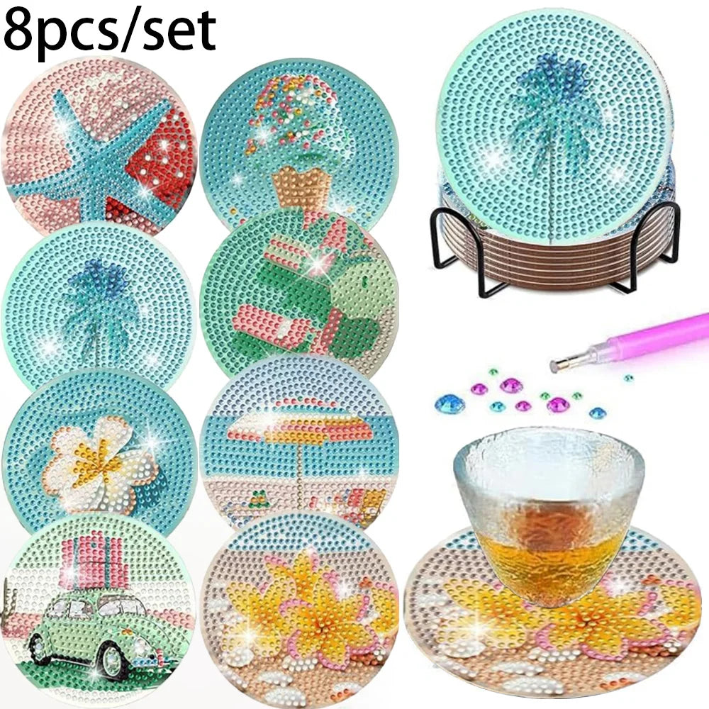 Set of eight decorative diamond painting coasters with metal holders in various colors and designs