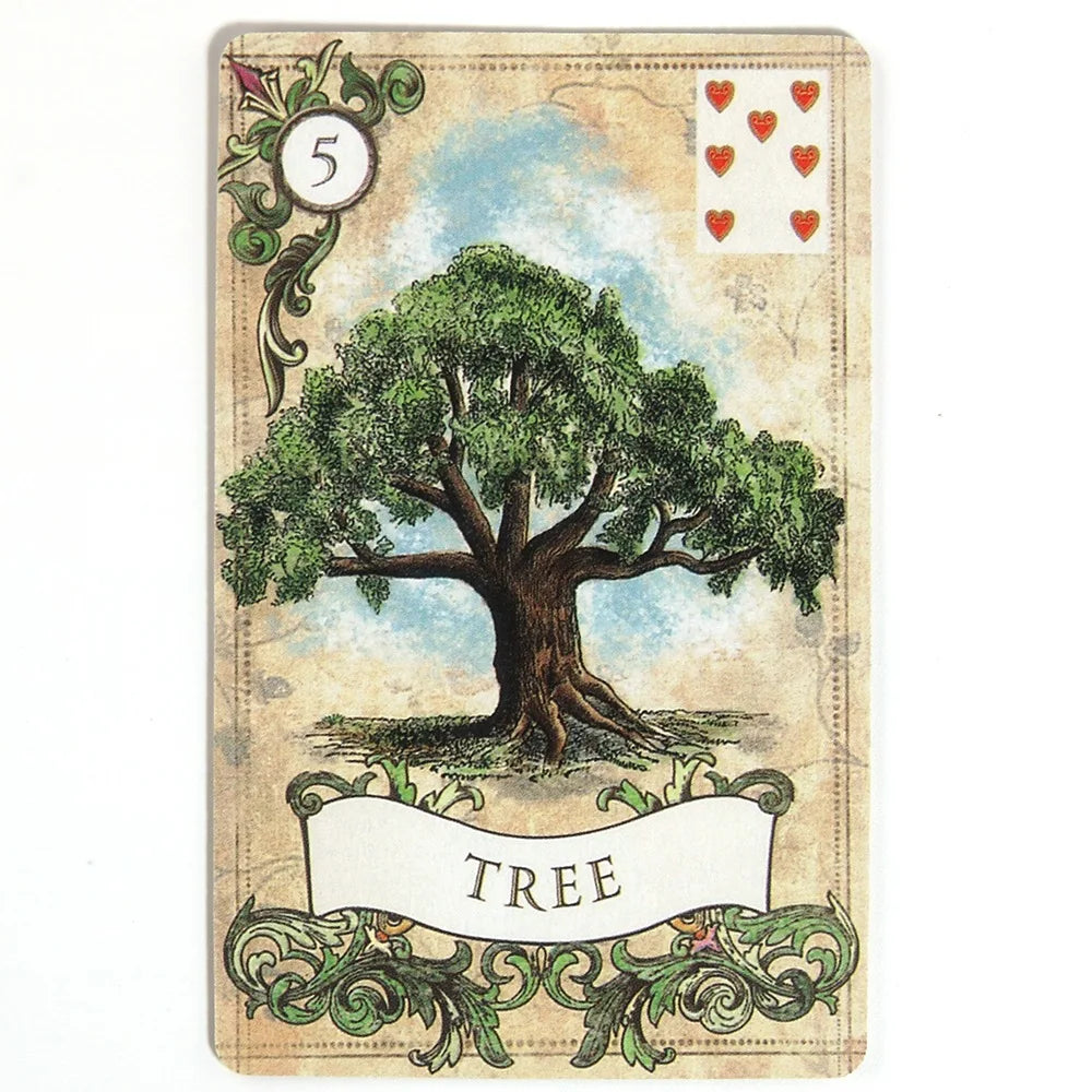 A vintage Lenormand card featuring a drawing of a large green tree and the word TREE.