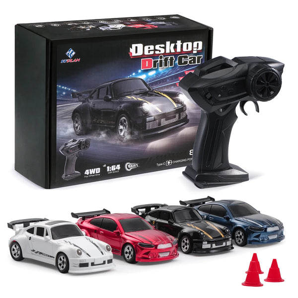 A black box and a black 1:64 4WD RC drift car model are shown with several other car models.