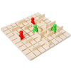 A wooden strategy chess game board with pieces in red and green colors.