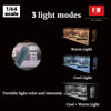 A display showing three light modes for a 1/64 scale modular car garage, including warm light, cool light, and cool plus warm