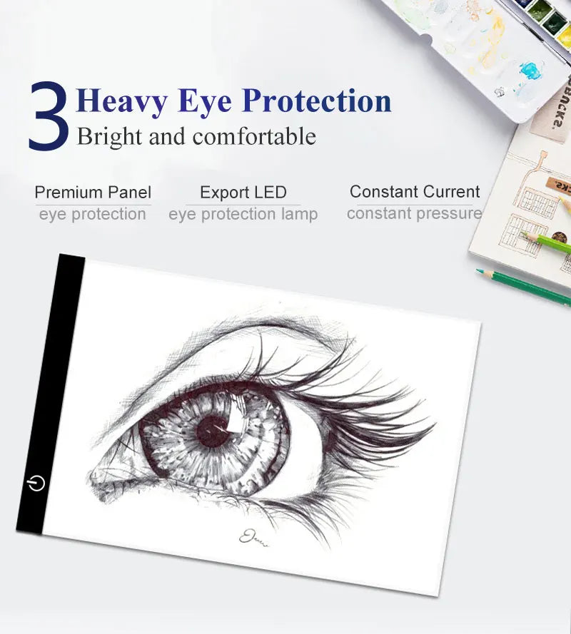 A drawing board featuring an illustration of an eye and text describing heavy eye protection features.