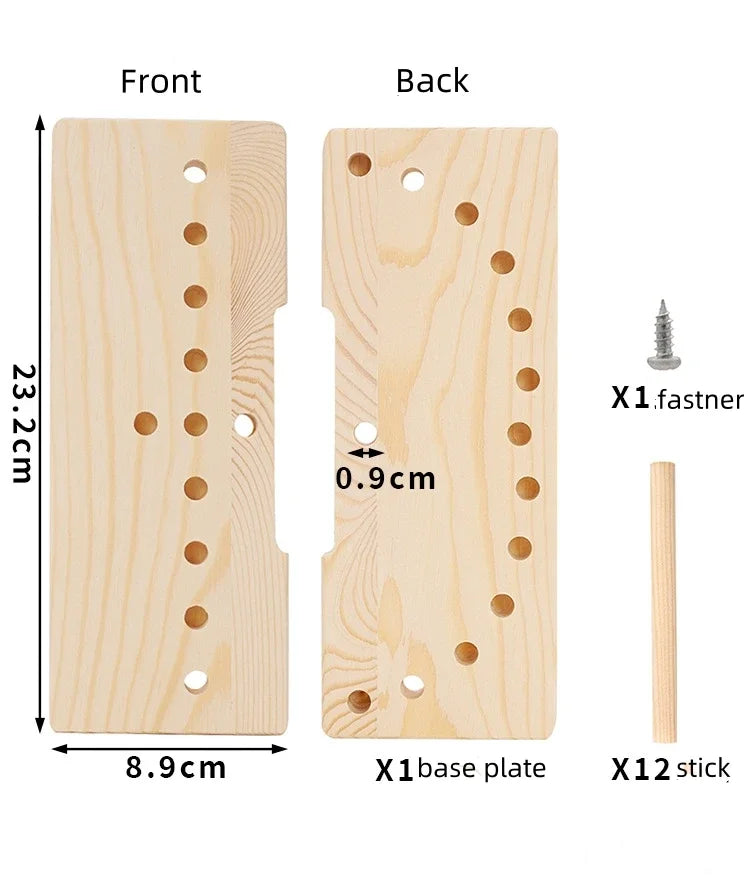 Wooden ribbon bow maker kit showing the front and back views with a base plate and twelve sticks for crafting
