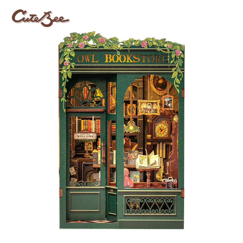 A detailed wooden book nook kit featuring an owl bookstore facade with intricate details and lighting.