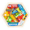 A wooden jigsaw puzzle featuring various colored vehicles including trucks, buses, and an ambulance.
