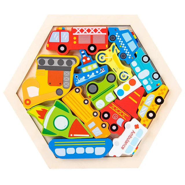 A wooden jigsaw puzzle featuring various colored vehicles including trucks, buses, and an ambulance.