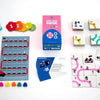 A collection of nine tiles and a game board for a strategy game titled Panic