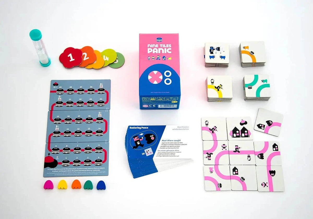 A collection of nine tiles and a game board for a strategy game titled Panic