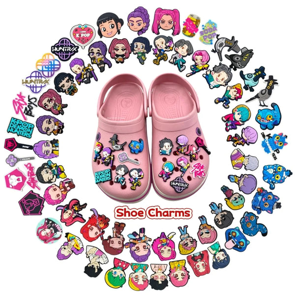 A circular arrangement of colorful chibi cartoon character shoe charms on a white background.