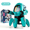 A teal robot toy resembling a duck is shown against a white background with a green label.