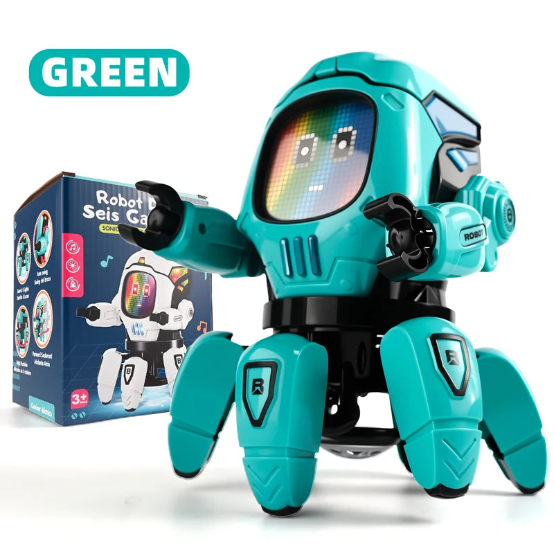 A teal robot toy resembling a duck is shown against a white background with a green label.