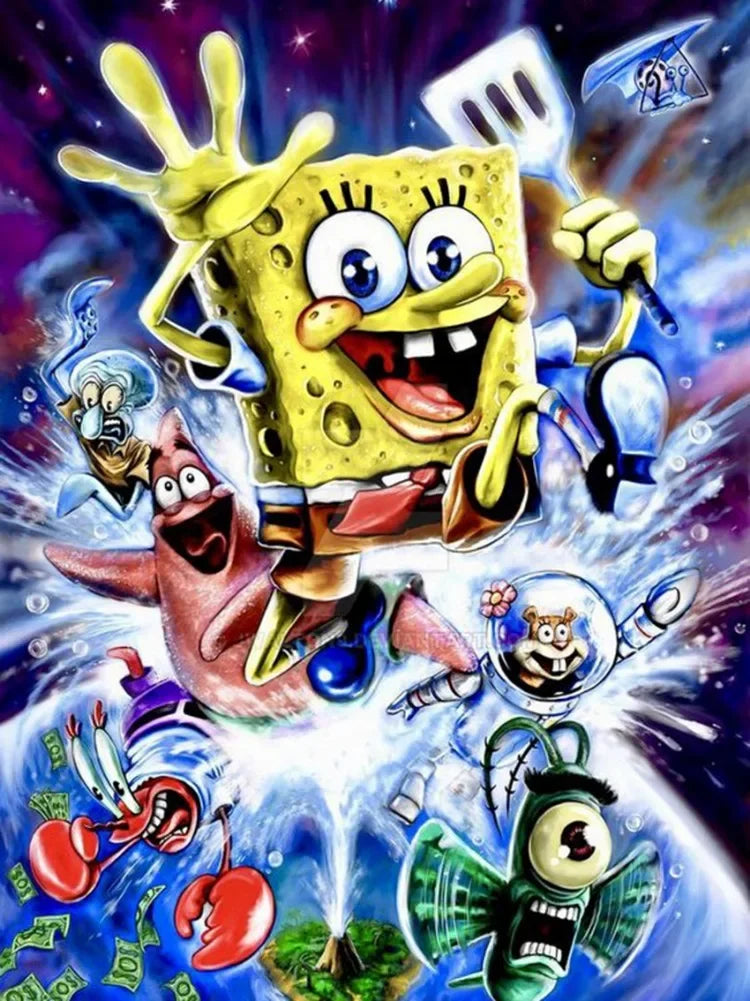 A cartoon sponge character is depicted in a diamond painting kit style with various colorful elements.
