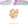 A collection of 12 pink and purple unicorn-themed balloons for a birthday celebration.