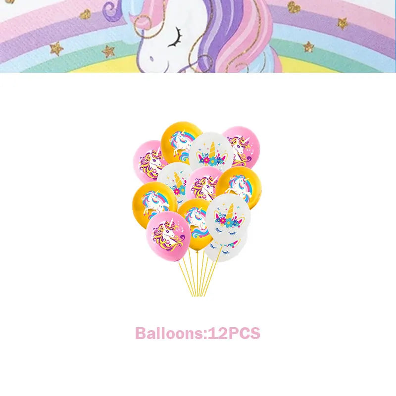 A collection of 12 pink and purple unicorn-themed balloons for a birthday celebration.