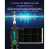 A black wireless audio transmitter device is shown with a green light, set against a background illustrating high-definition 