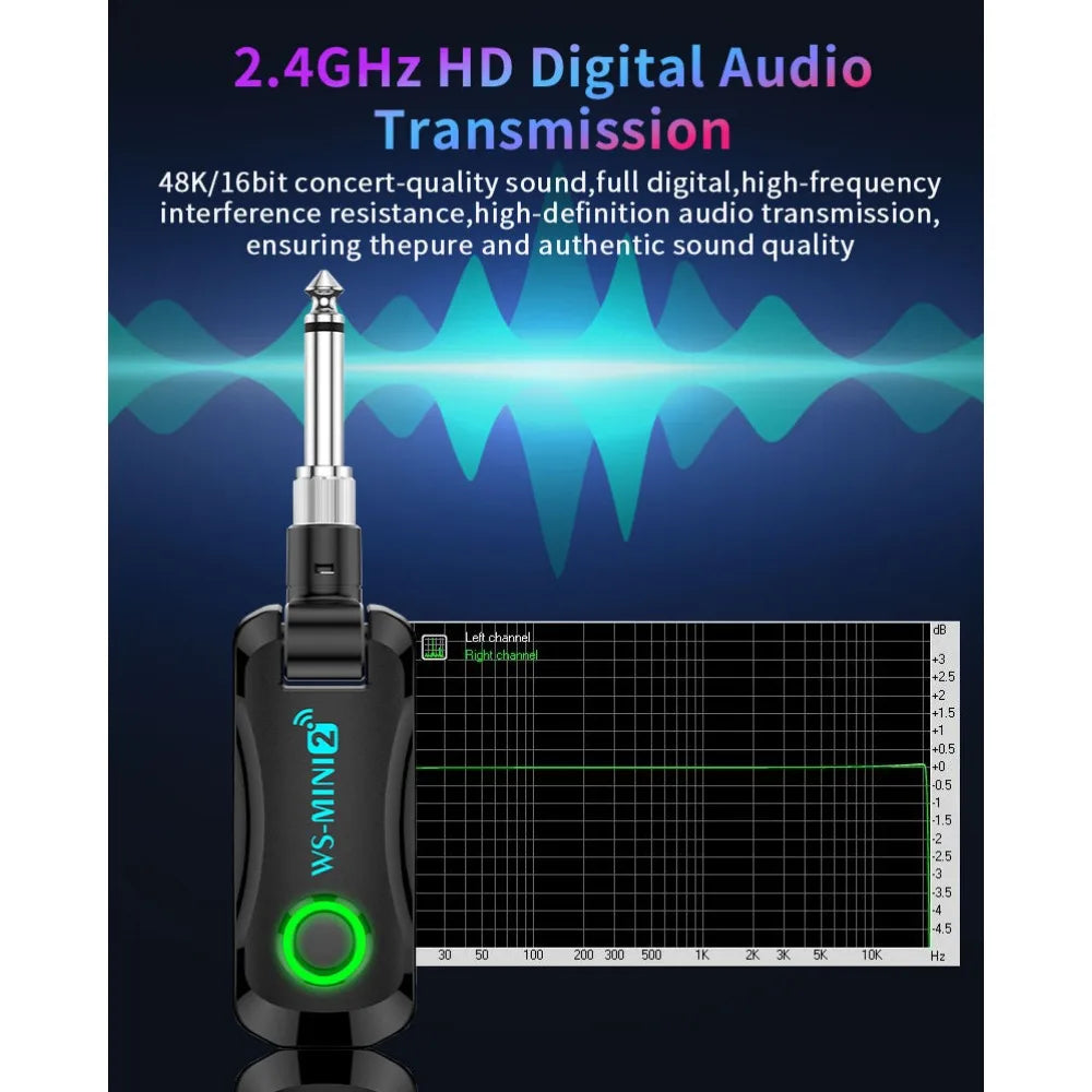 A black wireless audio transmitter device is shown with a green light, set against a background illustrating high-definition 