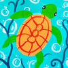 A painting by numbers kit featuring a bright orange turtle with green limbs on a turquoise background.