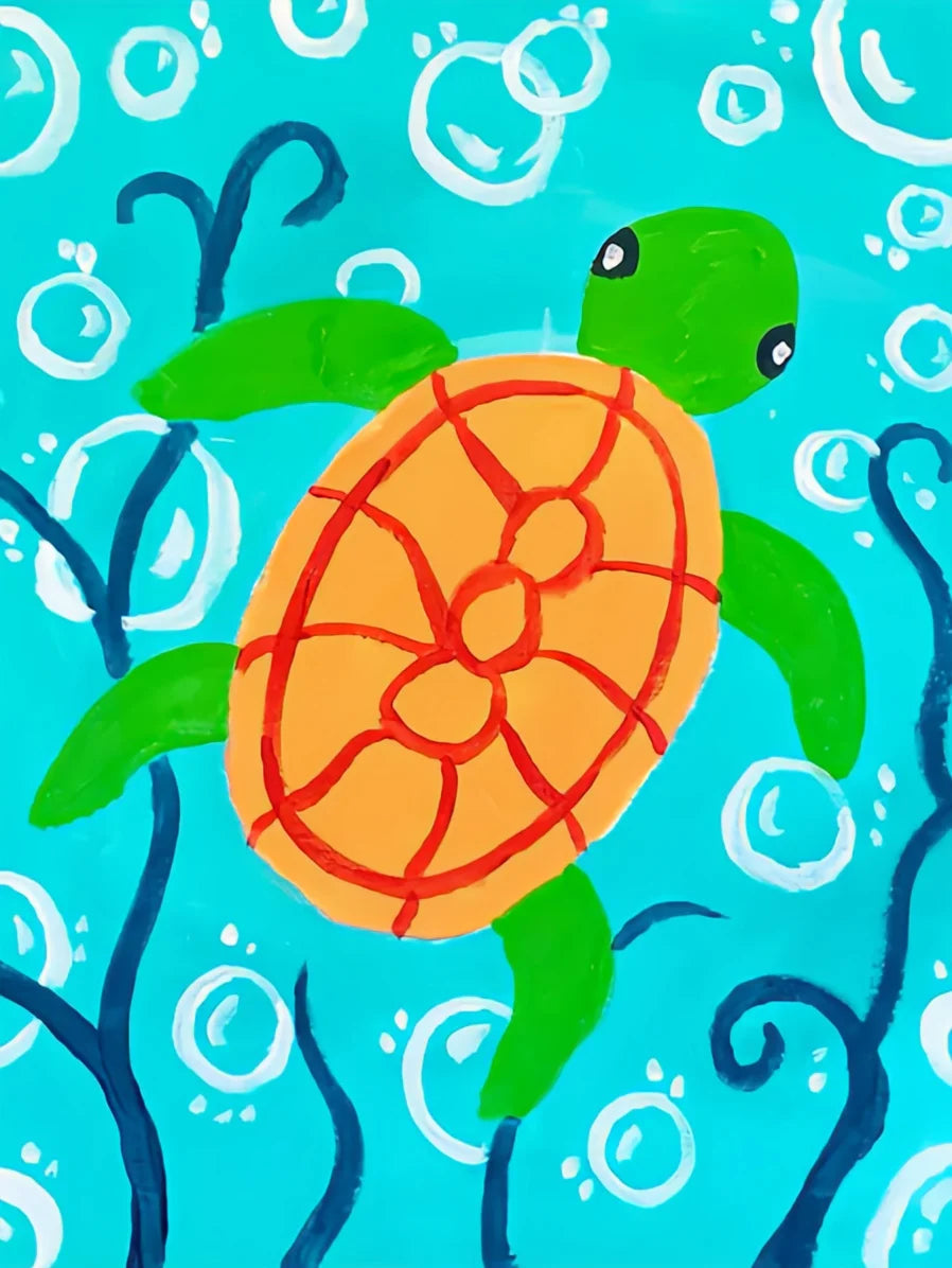 A painting by numbers kit featuring a bright orange turtle with green limbs on a turquoise background.