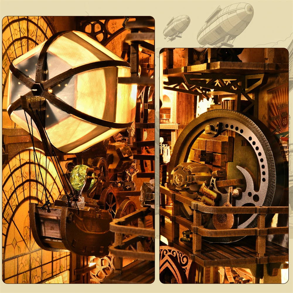 A miniature wooden book nook kit showing a detailed workshop scene with gears and wooden shelves.