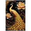 A detailed painting of a golden peacock with iridescent feathers and large pink flowers against a dark background.