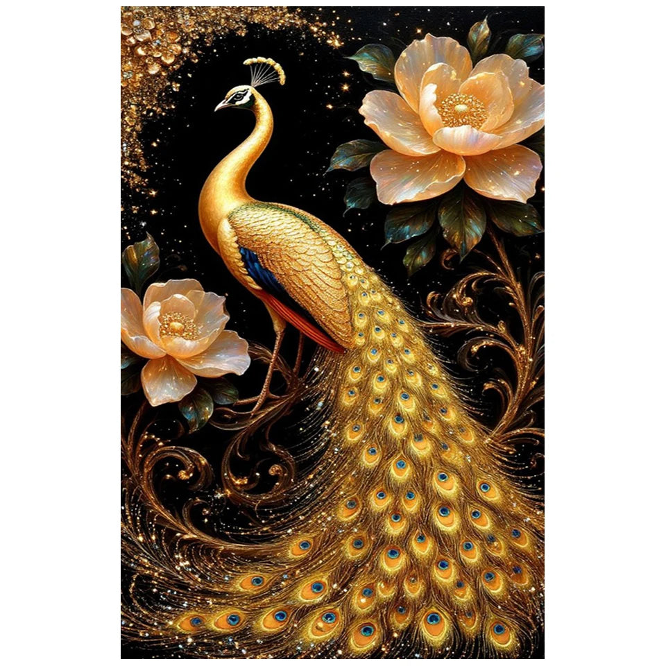 A detailed painting of a golden peacock with iridescent feathers and large pink flowers against a dark background.