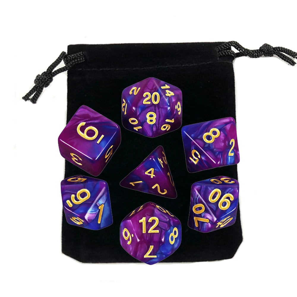 A set of polyhedral dice, including a d20 and d12, stored in a black fabric pouch.