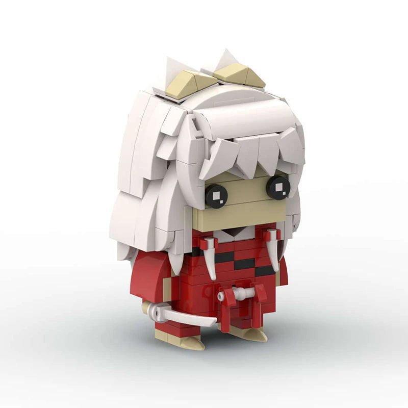 Anime-inspired collectible building block figure set featuring a character with white hair and a red outfit.