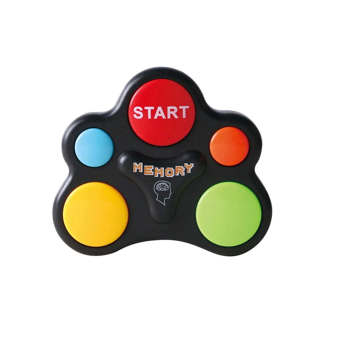 A black light-up memory game board with colored buttons labeled START, MEMORY, and various colors.