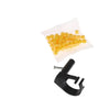 A clear plastic bag containing yellow silicone balls and a black finger ring launcher keychain fidget toy.
