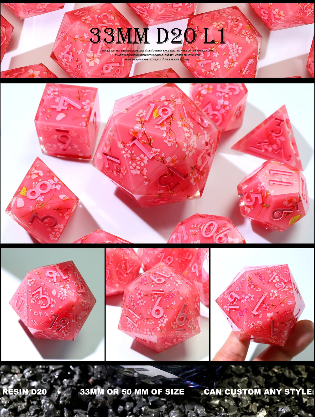 Pink resin D20 dice with floral designs shown from various angles and close-ups.