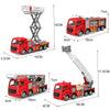 A red die-cast fire fighting vehicle set featuring a truck, ladder truck, and water cannon with an extended ladder.