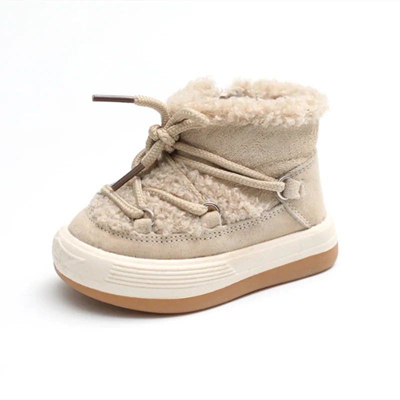 A pair of beige baby winter snow boots with a fluffy lining and rubber sole.
