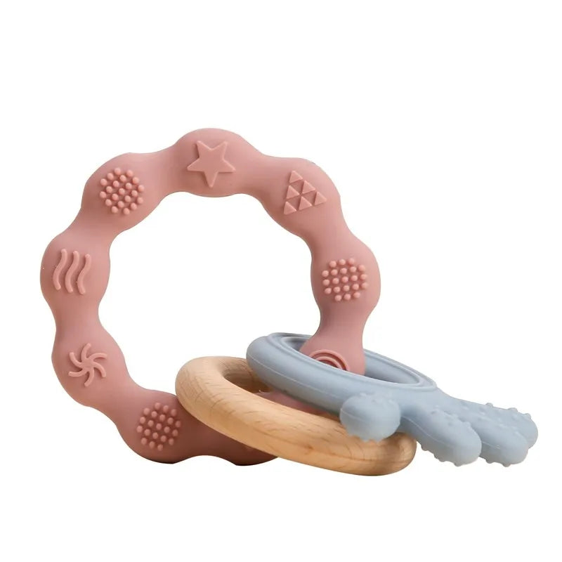 Pinkes Silikon-Dentierhandschuhe mit Cartoon-Bären-Design, Stern- und Wirbeltexturen