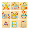 A set of wooden Montessori pegboard puzzles featuring various shapes and letters for toddlers.