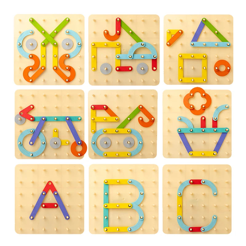 A set of wooden Montessori pegboard puzzles featuring various shapes and letters for toddlers.