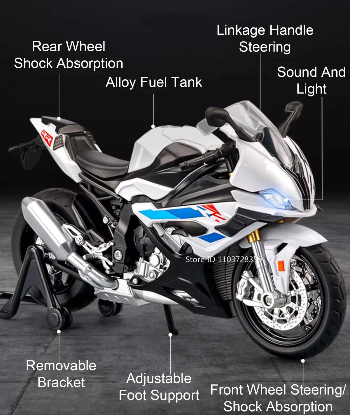 White and black die-cast model motorcycle showing various features like shock absorption, fuel tank, and steering components.