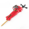 A red burst-style spinning top launcher with a black spinning top and a pointed base.