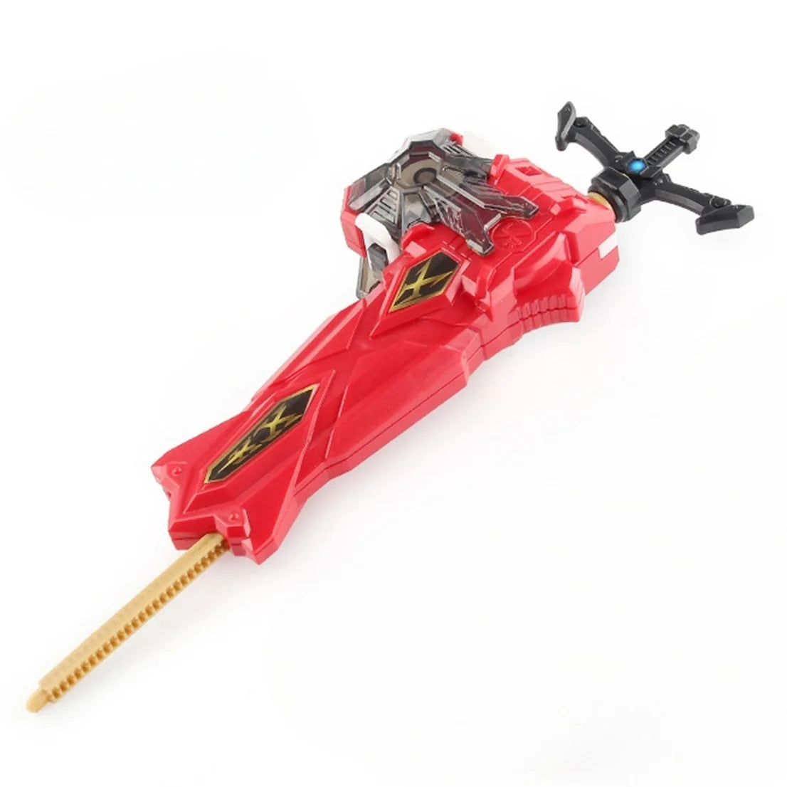 A red burst-style spinning top launcher with a black spinning top and a pointed base.