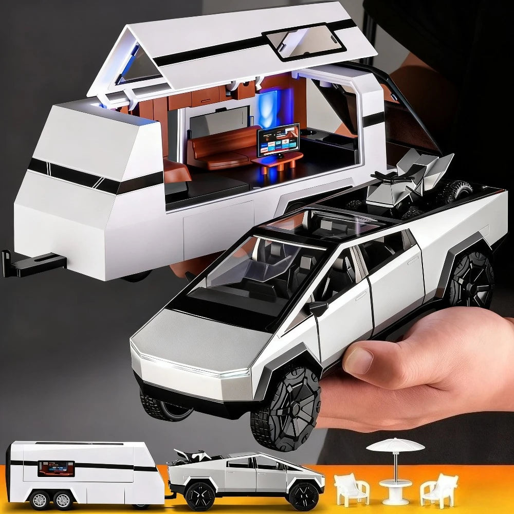 Ein diecast-Pickup-Anhänger-Robotaxi-Modellauto wird neben einer größeren Version und einem Maßstabsmodell gezeigt.