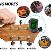Image showing a wooden guitar neck with tuning pegs and a clip-on tuner, illustrating five tuning modes for various instrumen