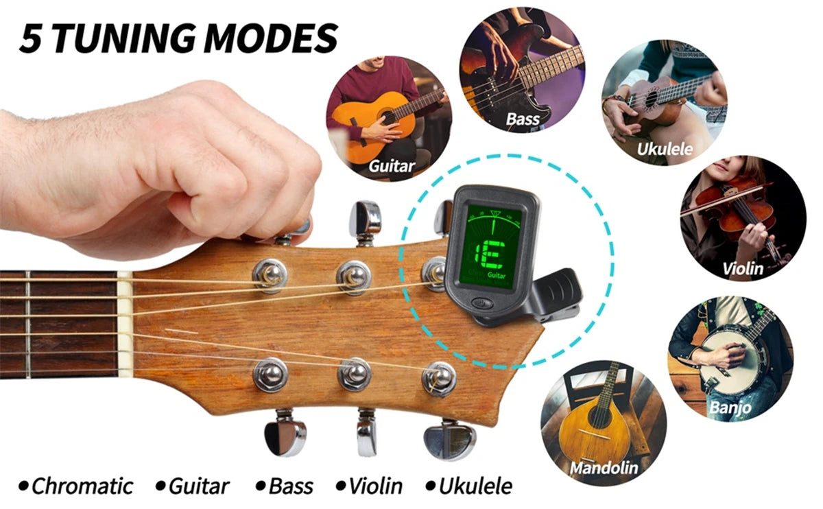 Image showing a wooden guitar neck with tuning pegs and a clip-on tuner, illustrating five tuning modes for various instrumen