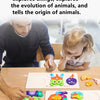 A father and daughter are interacting with a wooden life cycle learning puzzle on a table.