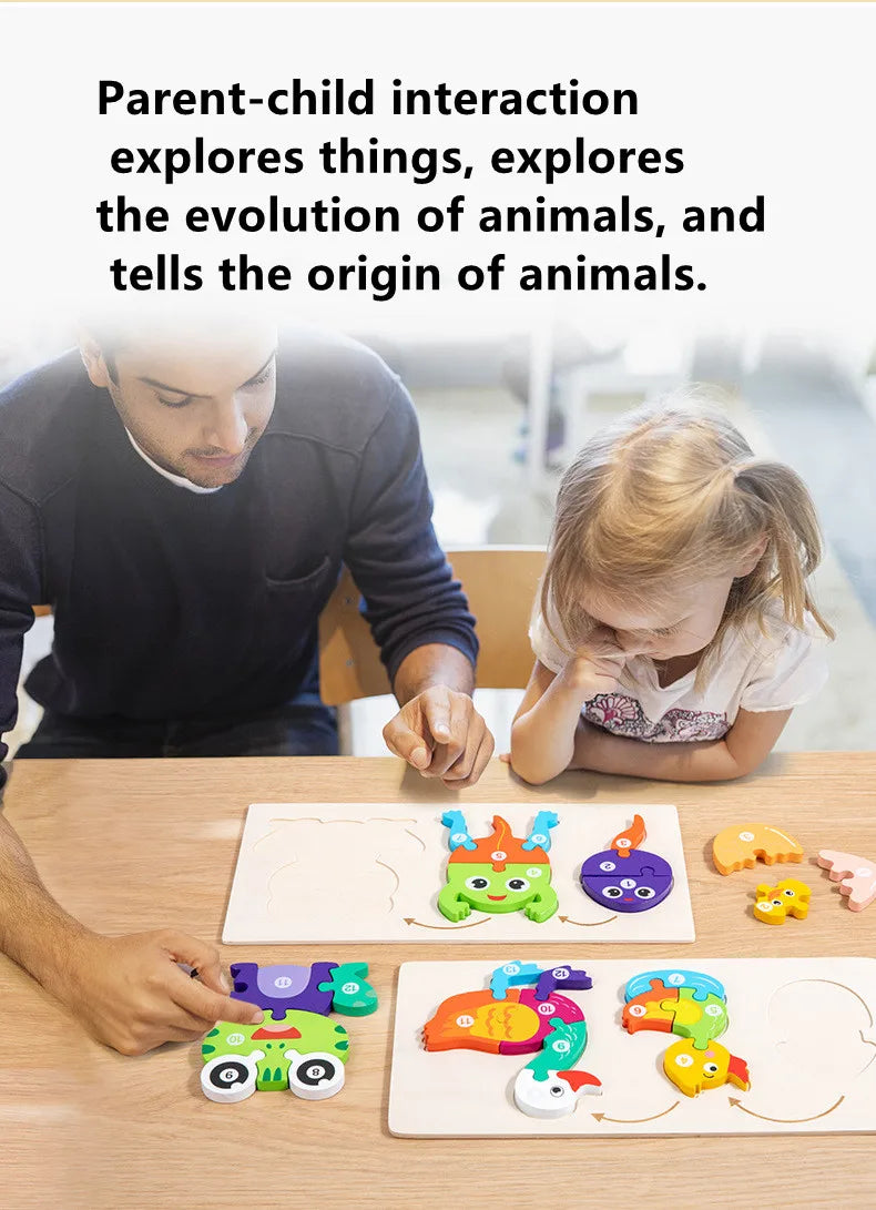 A father and daughter are interacting with a wooden life cycle learning puzzle on a table.