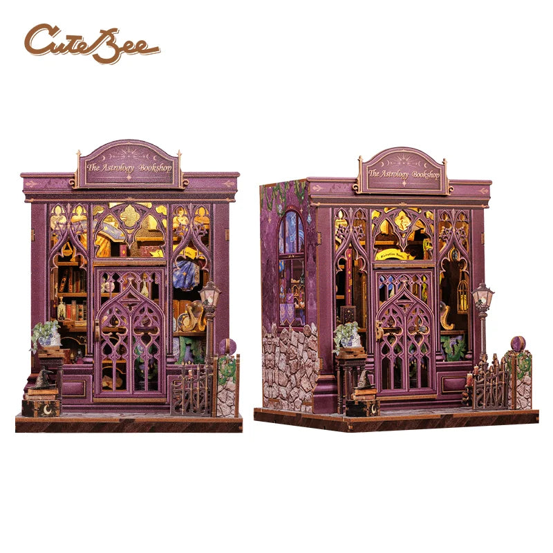 A detailed 3D wooden book nook kit featuring a purple and gold gothic library facade with intricate details.