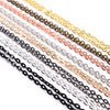 A collection of thin, flattened metal chain connectors in various colors including gold, silver, black, and rose gold.